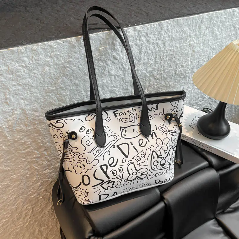 Graffiti Print One Shoulder Tote Bag Black White Large Capacity - Image 2