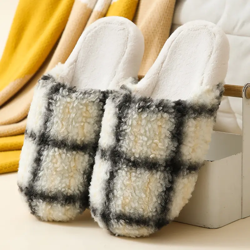Cross-Border Autumn and Winter New Children's Plush Slippers, Fashionable Striped Contrasting Colors, Warm Men's Plush Cotton Slippers for Home and Outdoor Wear