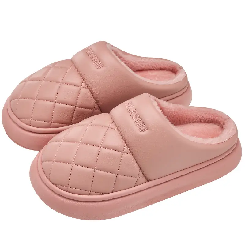 Women Waterproof PU Slippers Pink Warm Comfortable - Image 2