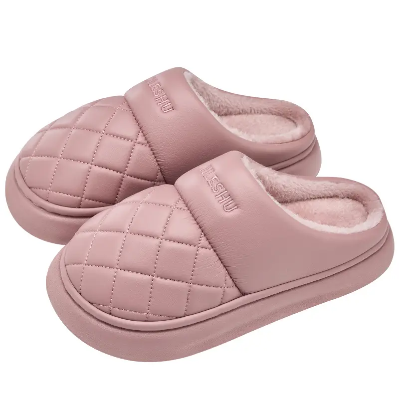 Women Waterproof PU Slippers Pink Warm Comfortable - Image 4