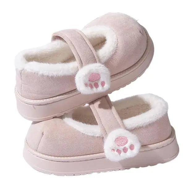 Cute Girly Cat Paw Cotton Shoes for Autumn and Winter, Plush Thickened Warm Slip-On Slippers with Heel Cover
