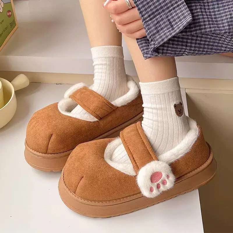 Cute Girly Cat Paw Cotton Shoes for Autumn and Winter, Plush Thickened Warm Slip-On Slippers with Heel Cover