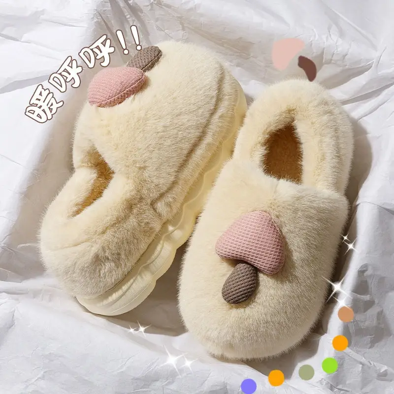 Cute Girly Cat Paw Cotton Shoes for Autumn and Winter, Plush Thickened Warm Slip-On Slippers with Heel Cover