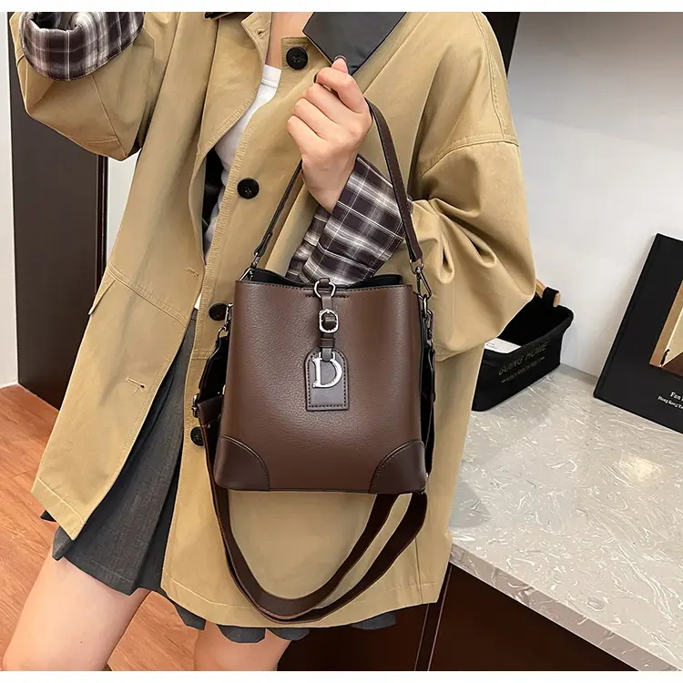 Women's Brown Bucket Bag Large Capacity Korean Style — feature 12