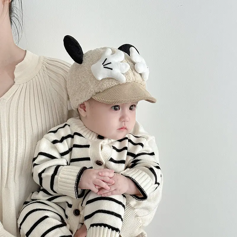 Cute Baby Hat Autumn Winter Warm Cashmere Windproof Peaked Cap for Boys Girls Baby Small Month Old
