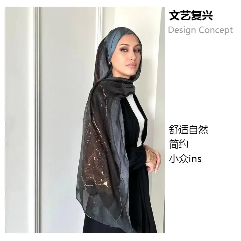 Printed Silk Scarf for Women Black White Abstract Design — feature 4