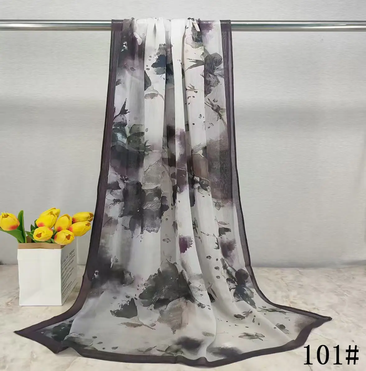 Printed Silk Scarf for Women Black White Abstract Design - Image 25