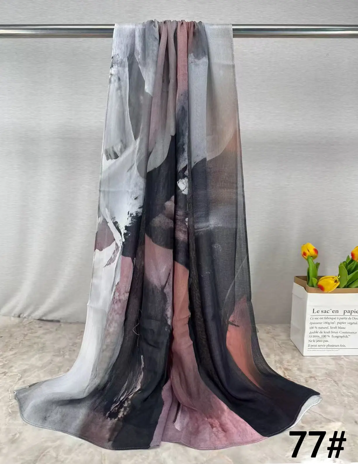 Printed Silk Scarf for Women Black White Abstract Design - Image 9