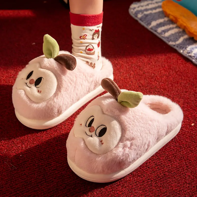 Apple Cotton Slippers for Women, Autumn and Winter Home Indoor and Outdoor Cotton Shoes, Non-Slip and Waterproof Couple Cute Ladies Slippers
