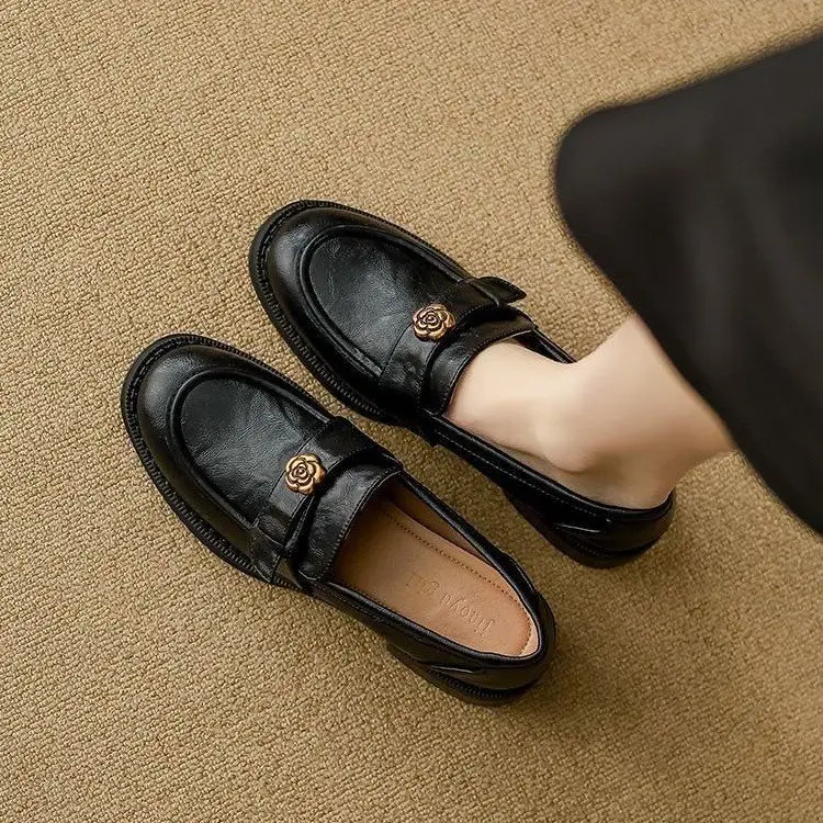Mary Jane Soft Leather Camellia Loafers Women's 2025 Autumn New Small Leather Shoes Commuting Thick Slip-On Shoes - Image 4