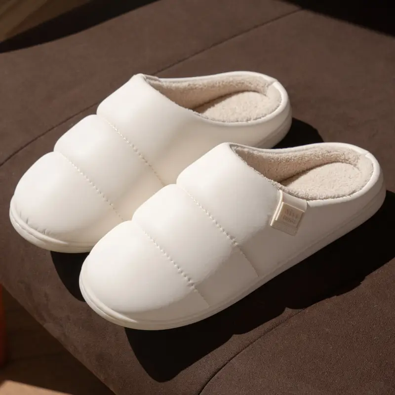 New High-End Pu Leather Simple Slippers for Women in Autumn and Winter Indoor Couples Home Fleece-Lined Warm Anti-Slip Cotton Slippers for Men