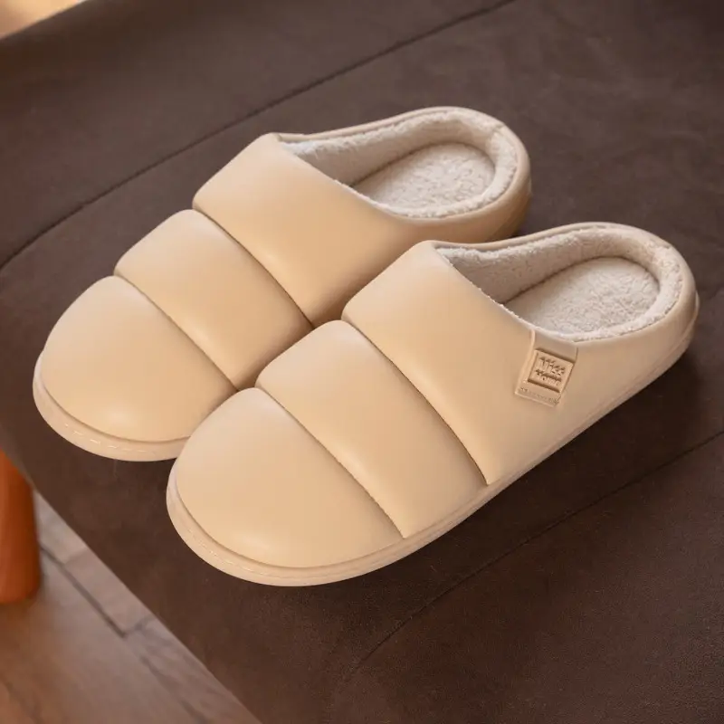 New High-End Pu Leather Simple Slippers for Women in Autumn and Winter Indoor Couples Home Fleece-Lined Warm Anti-Slip Cotton Slippers for Men