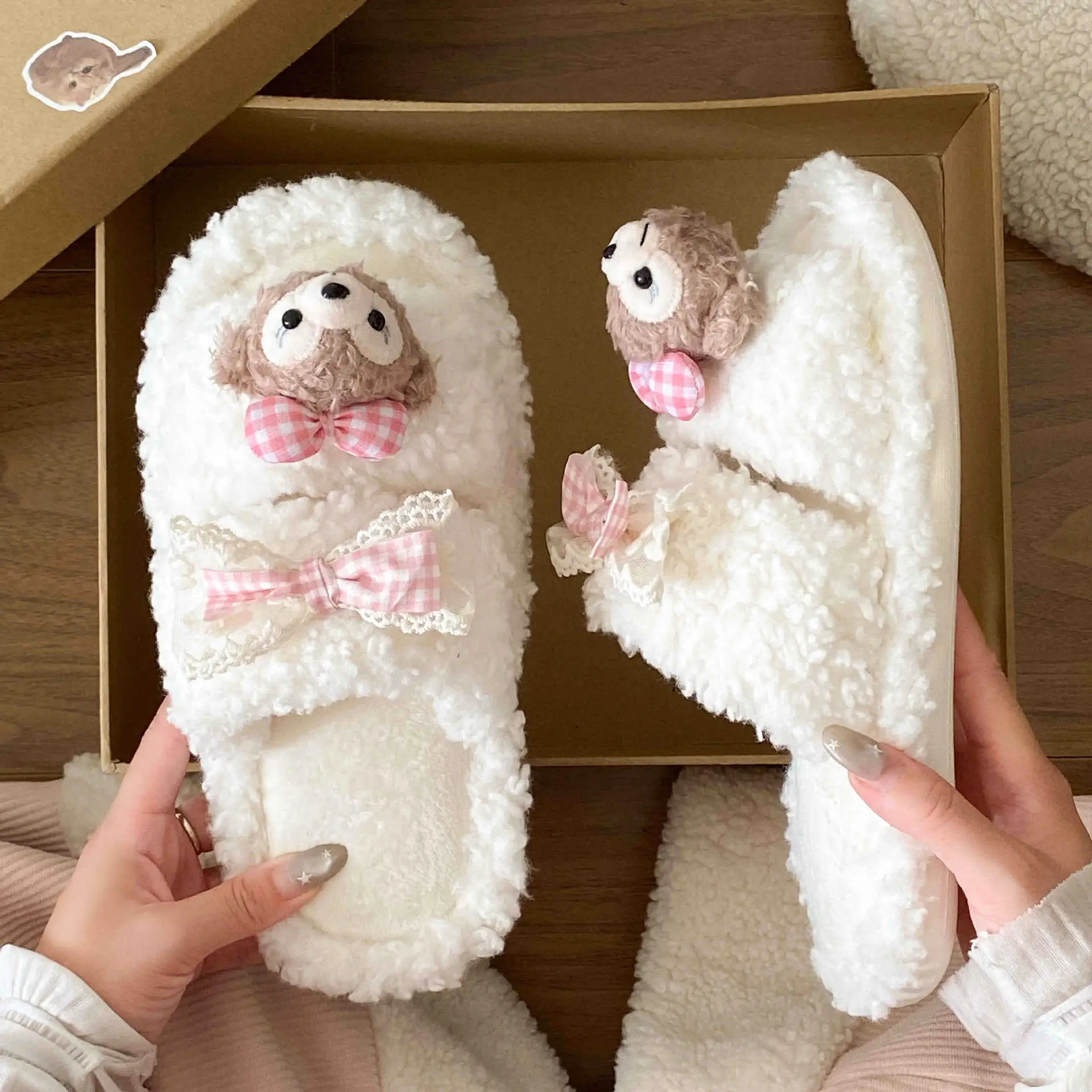Cute Cartoon Plush Bow Bear Slippers for Women - Image 3