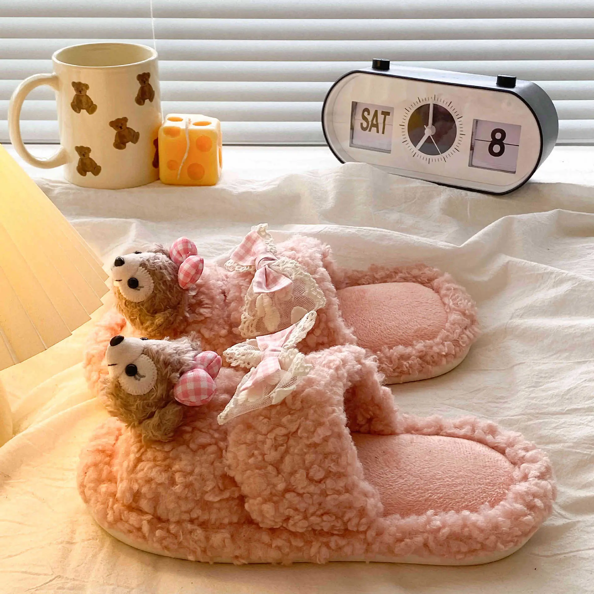 Cute Cartoon Plush Bow Bear Slippers for Women - Image 4