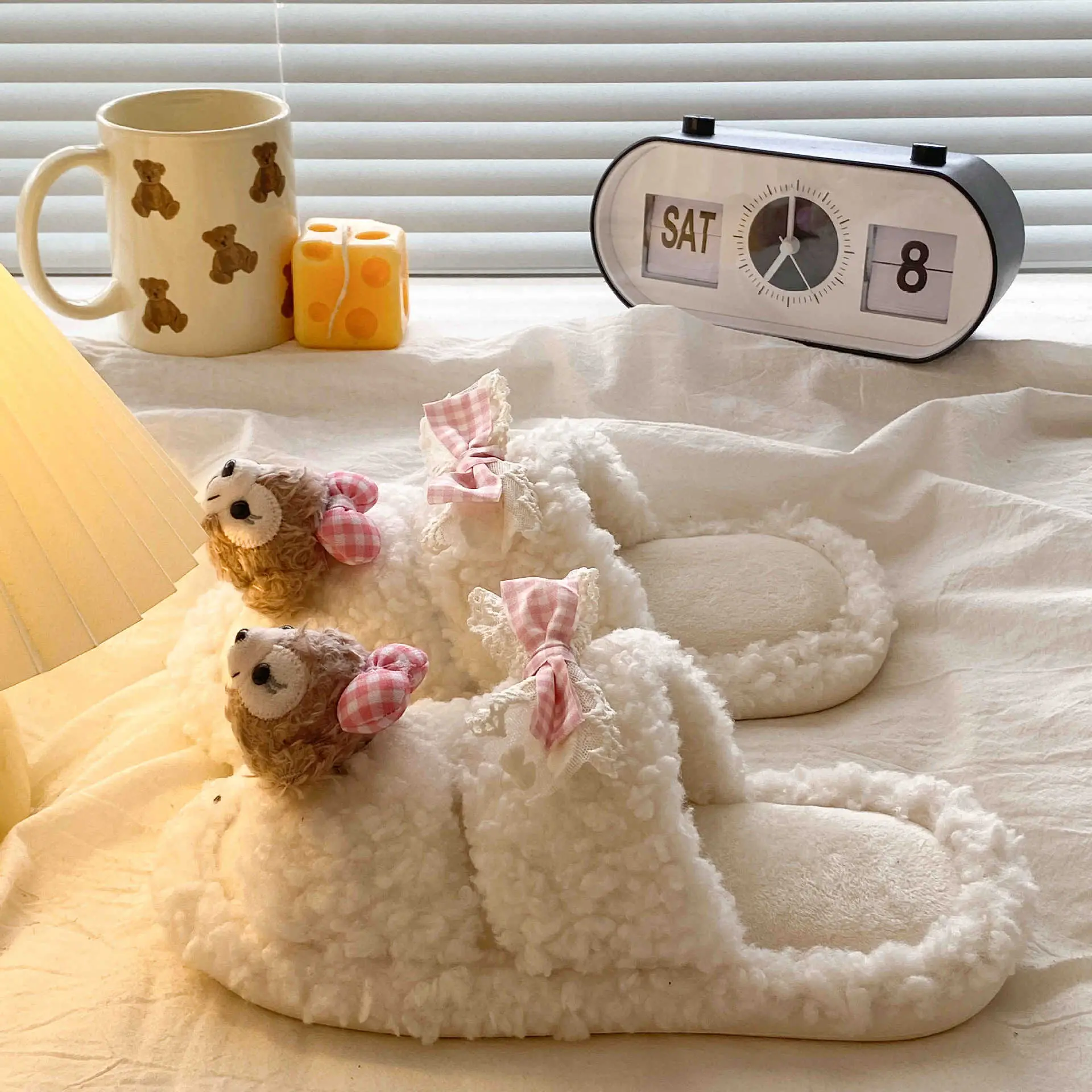 Cute Cartoon Plush Bow Bear Slippers for Women - Image 5