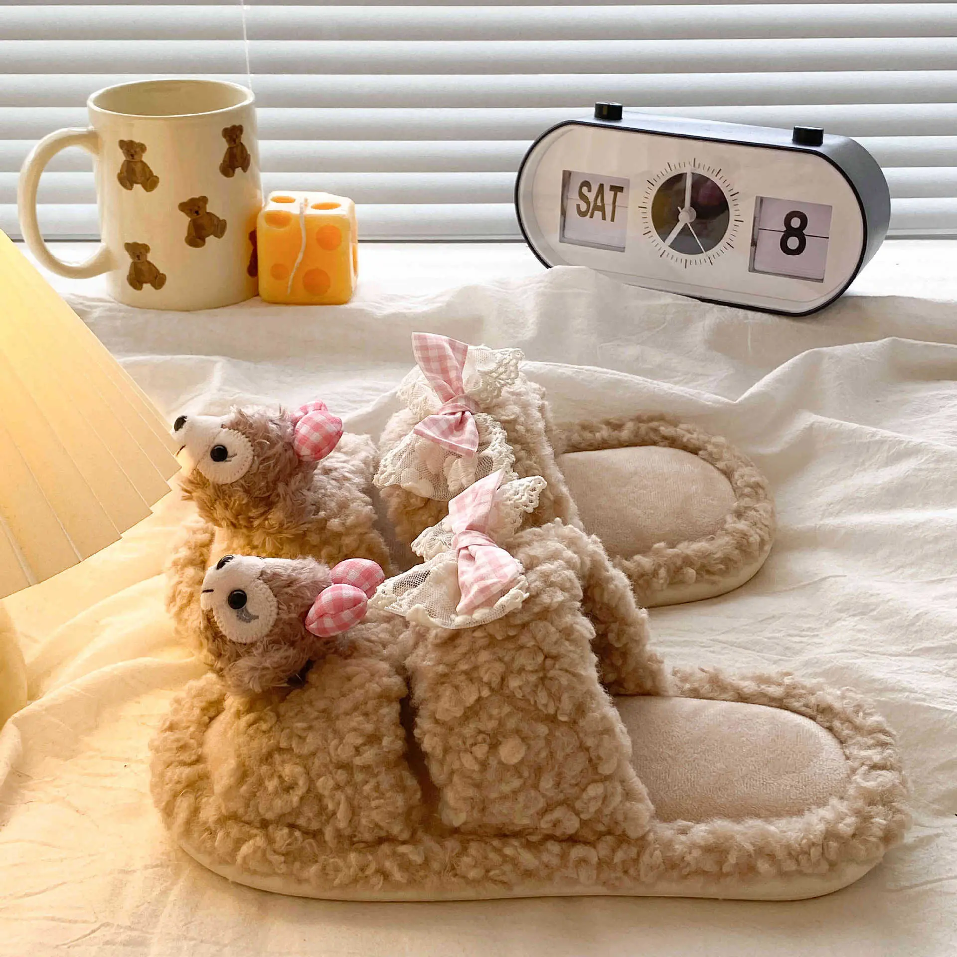 Cute Cartoon Plush Bow Bear Slippers for Women - Image 6