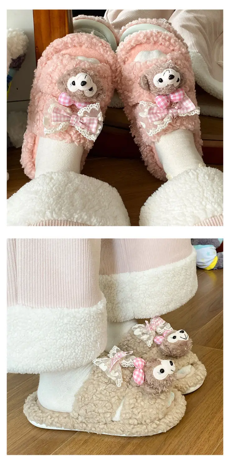 Cute Cartoon Plush Bow Bear Slippers for Women — feature 14