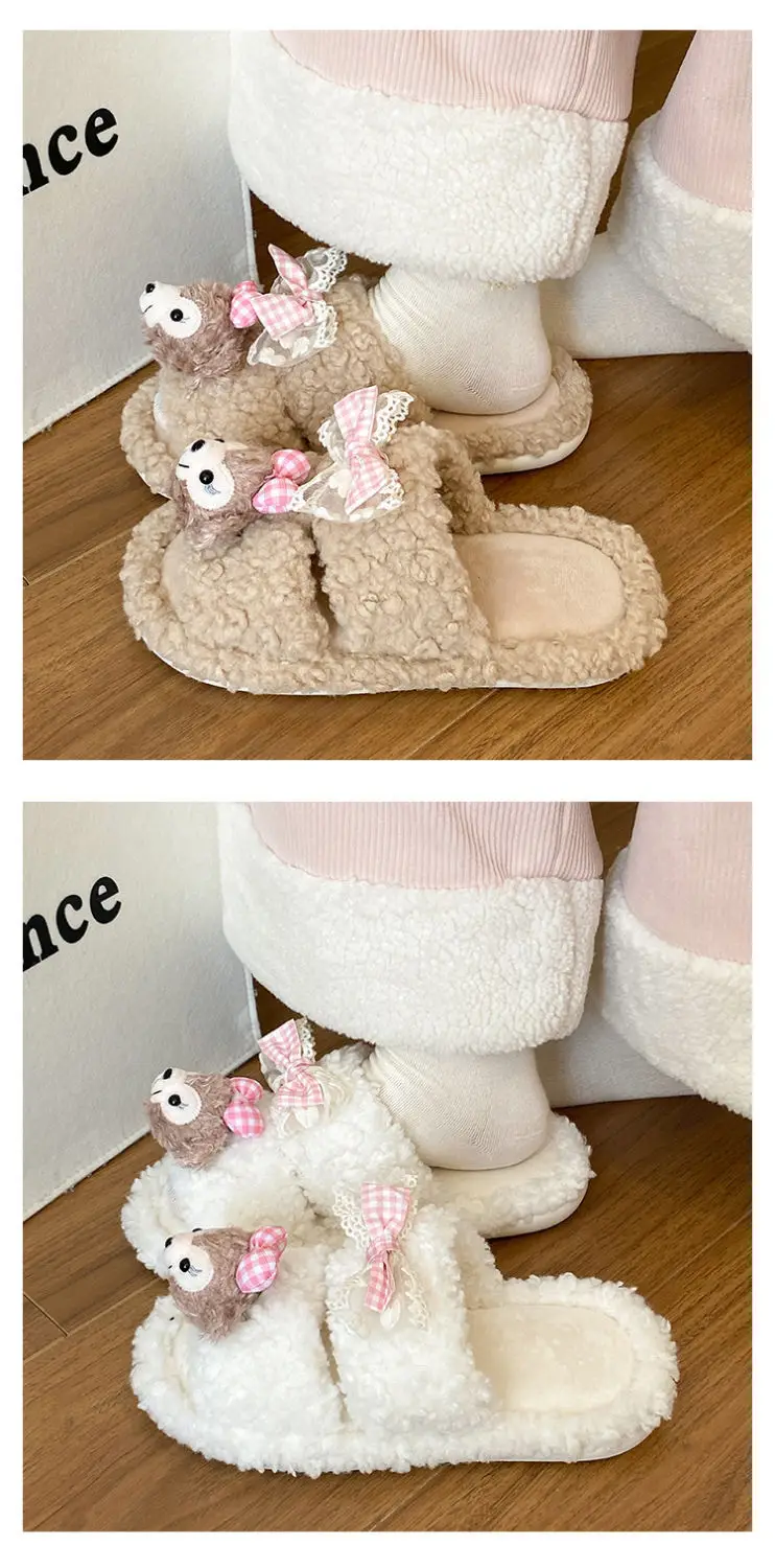 Cute Cartoon Plush Bow Bear Slippers for Women — feature 15