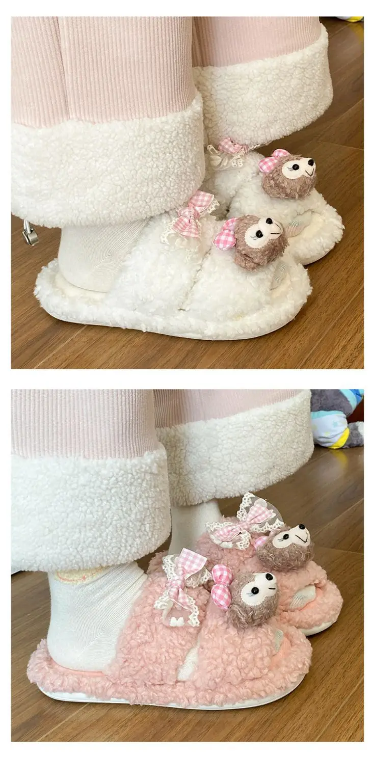 Cute Cartoon Plush Bow Bear Slippers for Women — feature 16
