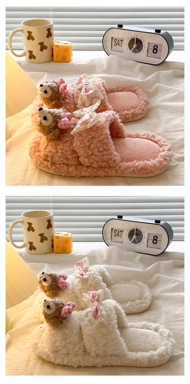 Cute Cartoon Plush Bow Bear Slippers for Women — feature 17