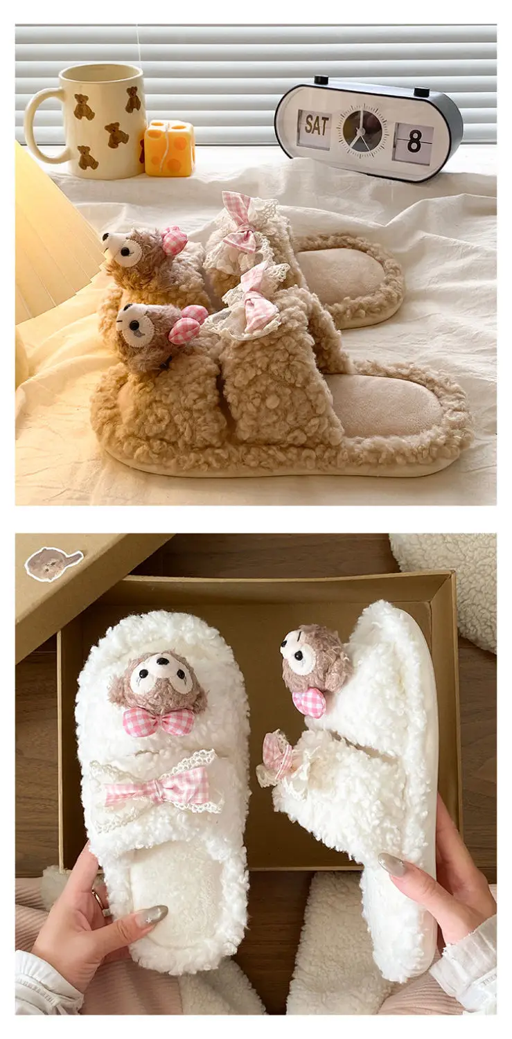 Cute Cartoon Plush Bow Bear Slippers for Women — feature 18
