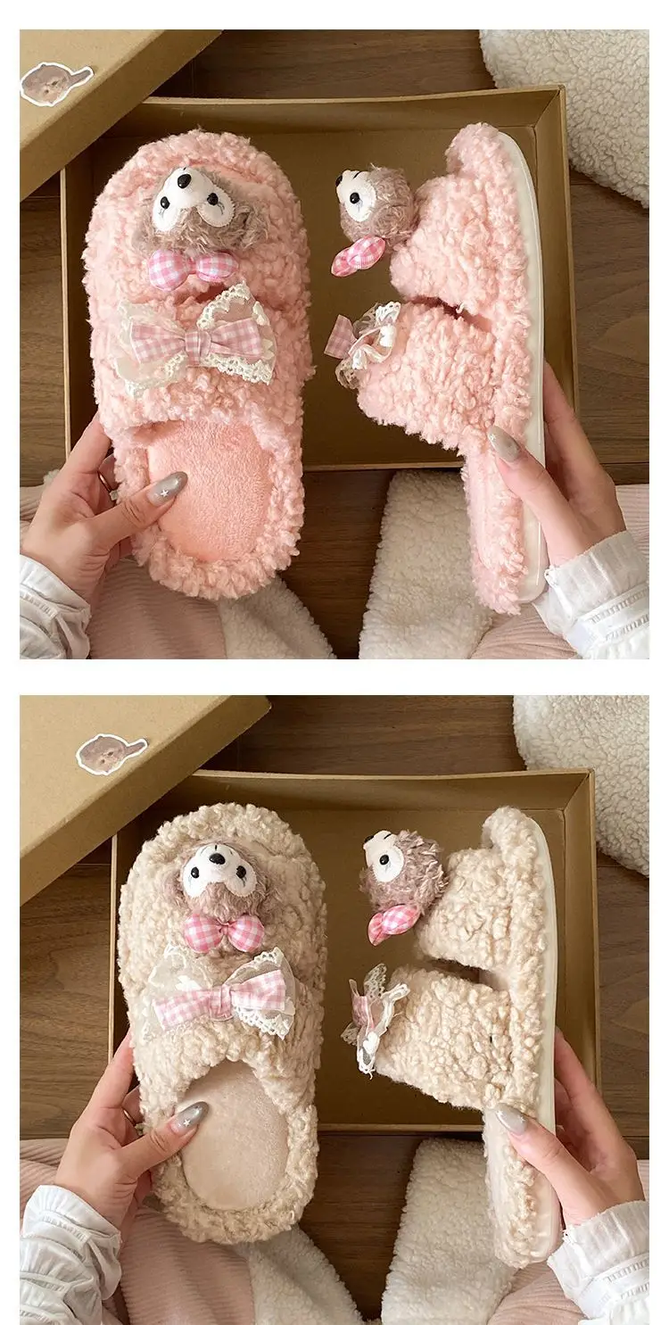 Cute Cartoon Plush Bow Bear Slippers for Women — feature 19