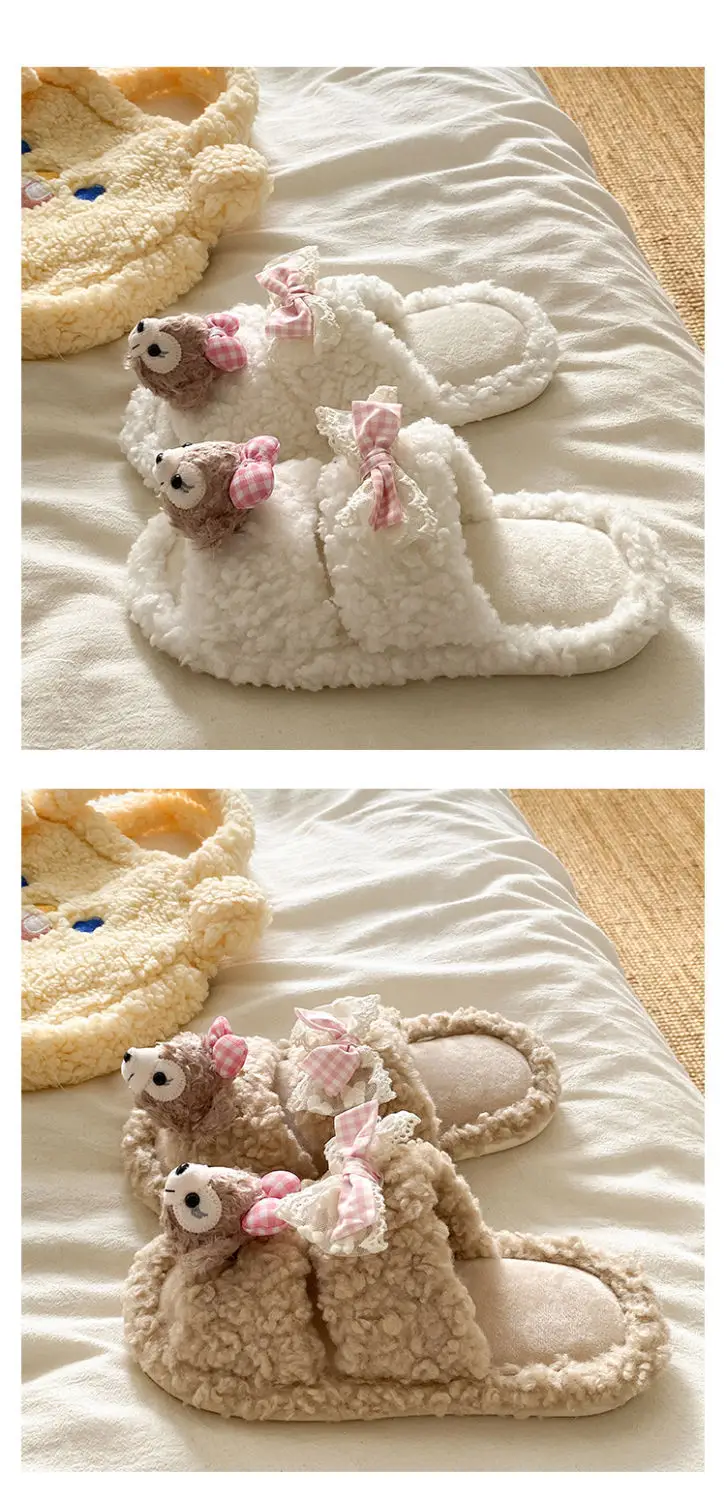Cute Cartoon Plush Bow Bear Slippers for Women — feature 20