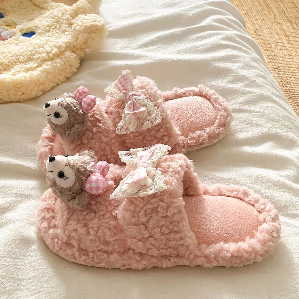 Cute Cartoon Plush Bow Bear Slippers for Women — feature 22