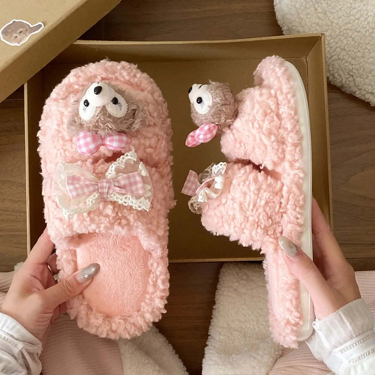 Cute Cartoon Plush Bow Bear Slippers for Women — feature 25
