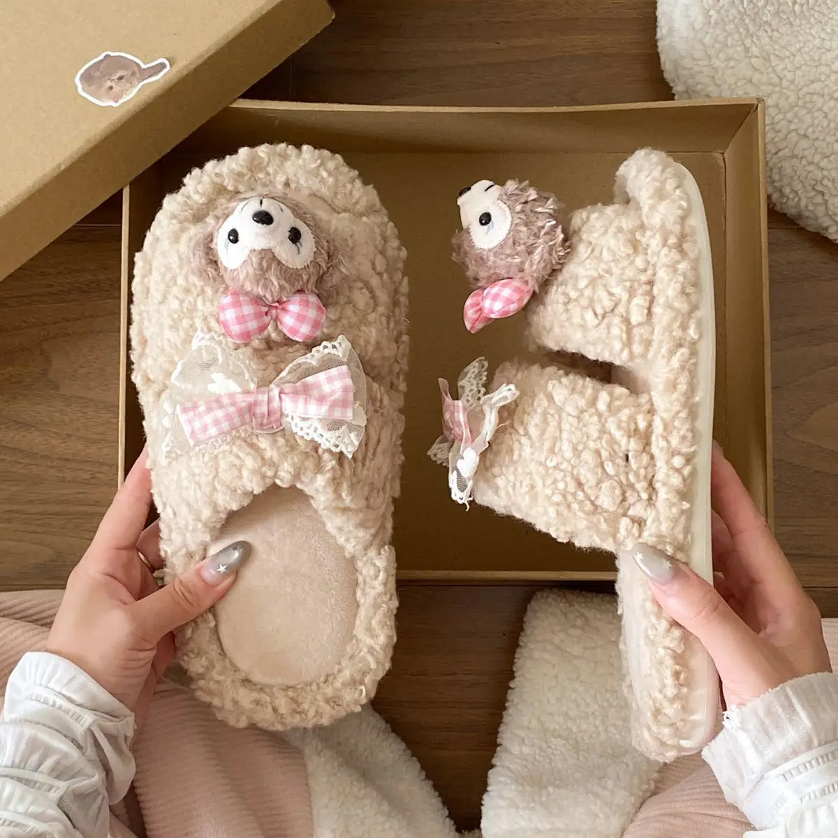 Cute Cartoon Plush Bow Bear Slippers for Women — feature 26
