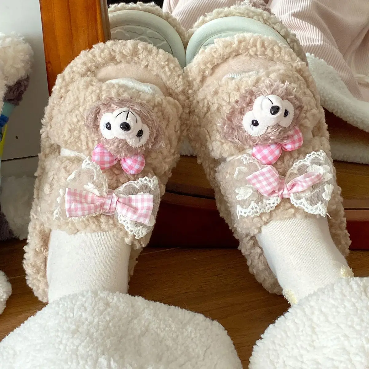 Cute Cartoon Plush Bow Bear Slippers for Women — feature 28