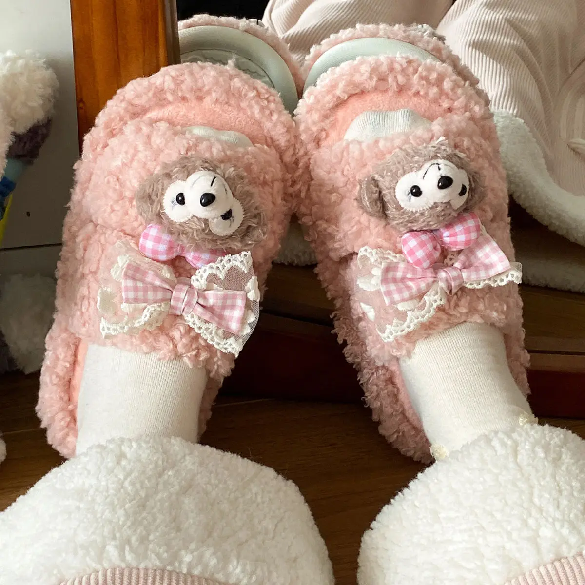 Cute Cartoon Plush Bow Bear Slippers for Women — feature 29