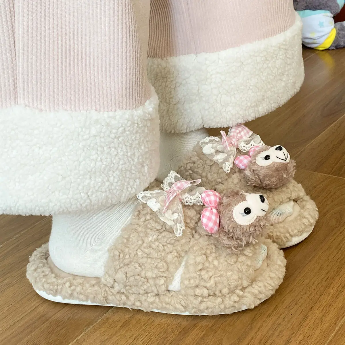Cute Cartoon Plush Bow Bear Slippers for Women — feature 30
