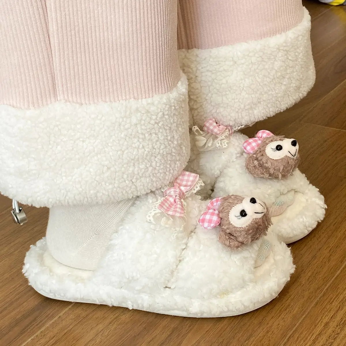 Cute Cartoon Plush Bow Bear Slippers for Women — feature 33