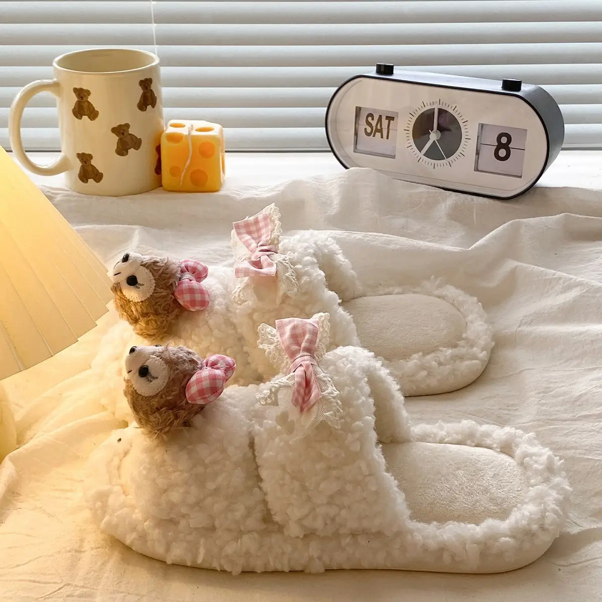Cute Cartoon Plush Bow Bear Slippers for Women — feature 36