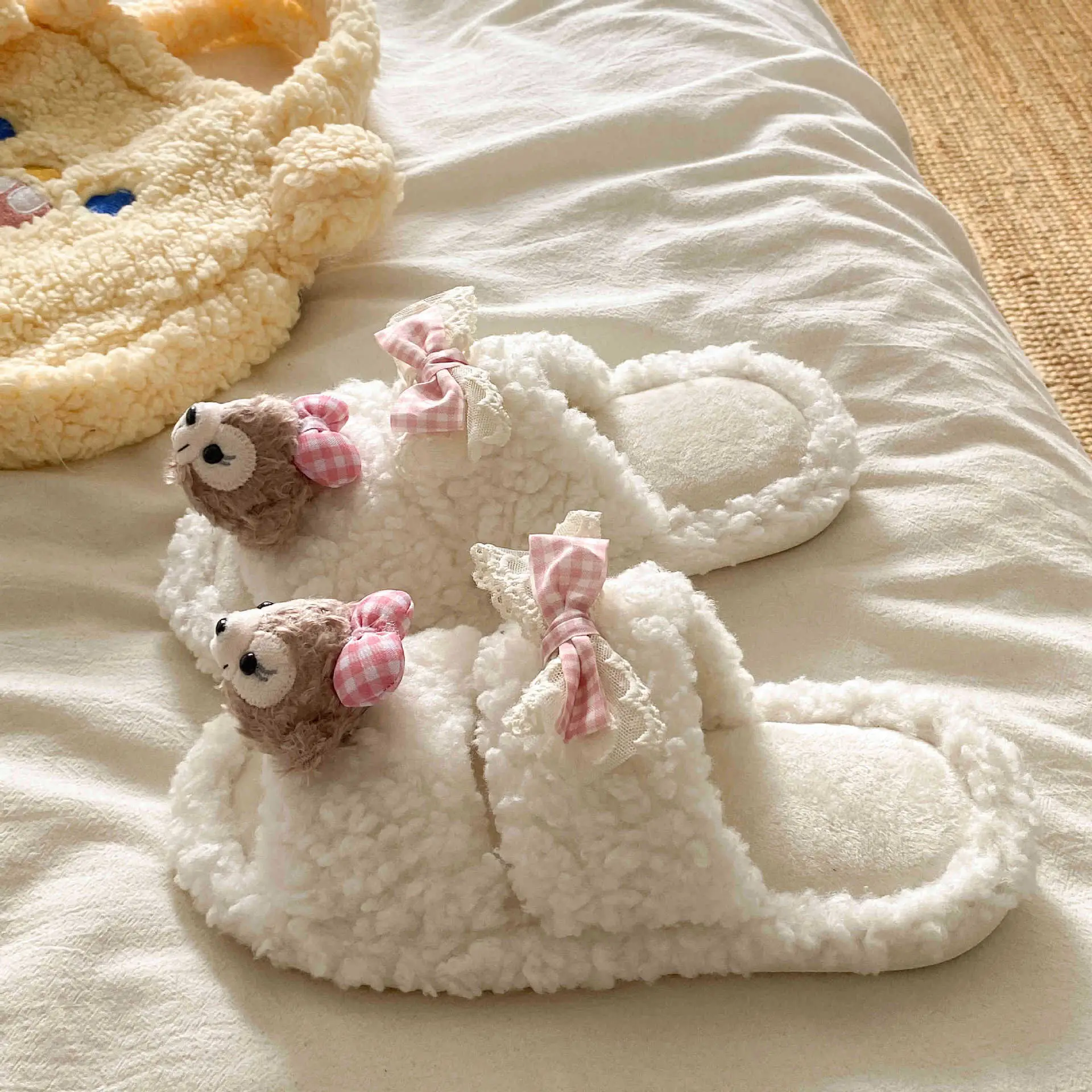 Cute Cartoon Plush Bow Bear Slippers for Women - Image 2