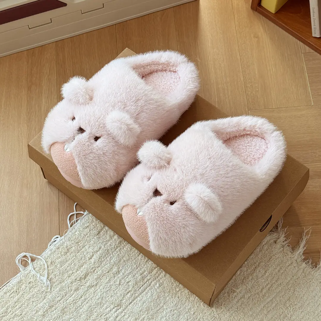Qidan Shoe Factory Cute Groundhog Stuffed Cotton Slippers Women's Autumn and Winter Velvet Warm Home Cartoon Furry Slippers