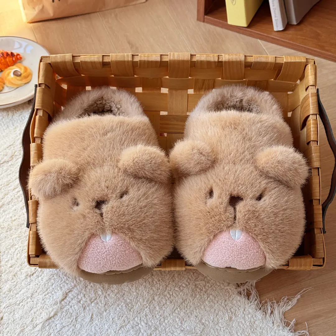 Qidan Shoe Factory Cute Groundhog Stuffed Cotton Slippers Women's Autumn and Winter Velvet Warm Home Cartoon Furry Slippers