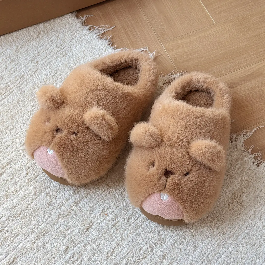 Qidan Shoe Factory Cute Groundhog Stuffed Cotton Slippers Women's Autumn and Winter Velvet Warm Home Cartoon Furry Slippers