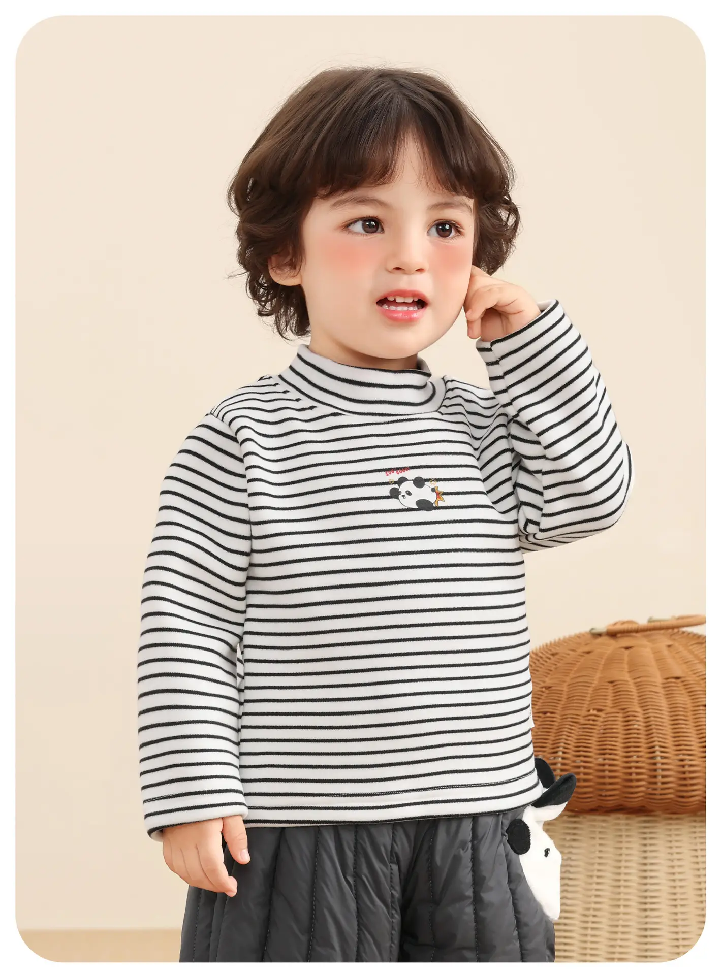 Kaka Panda Boys Fleece Lined Winter Top Striped Beige Brown — feature 12