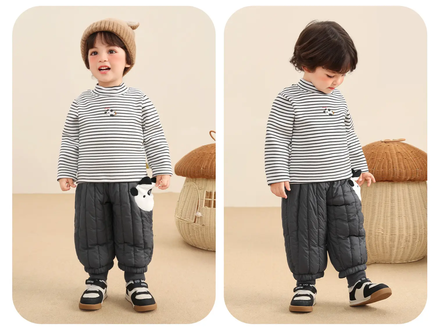 Kaka Panda Boys Fleece Lined Winter Top Striped Beige Brown — feature 13