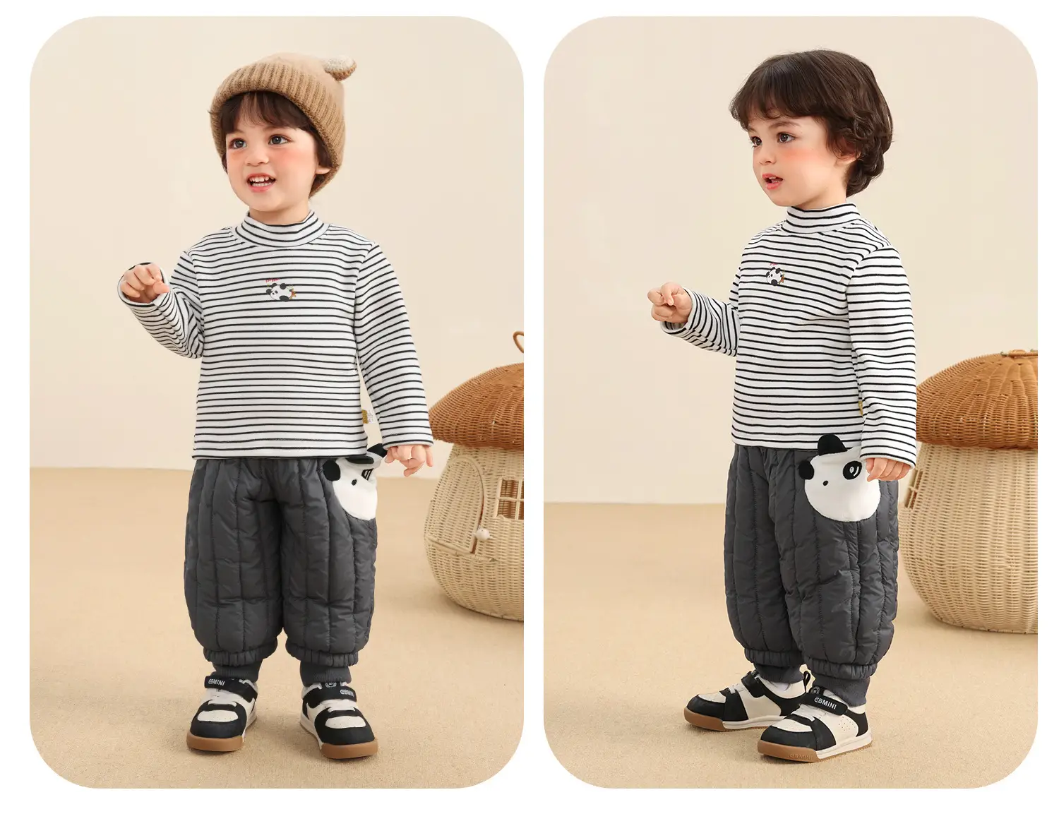 Kaka Panda Boys Fleece Lined Winter Top Striped Beige Brown — feature 14