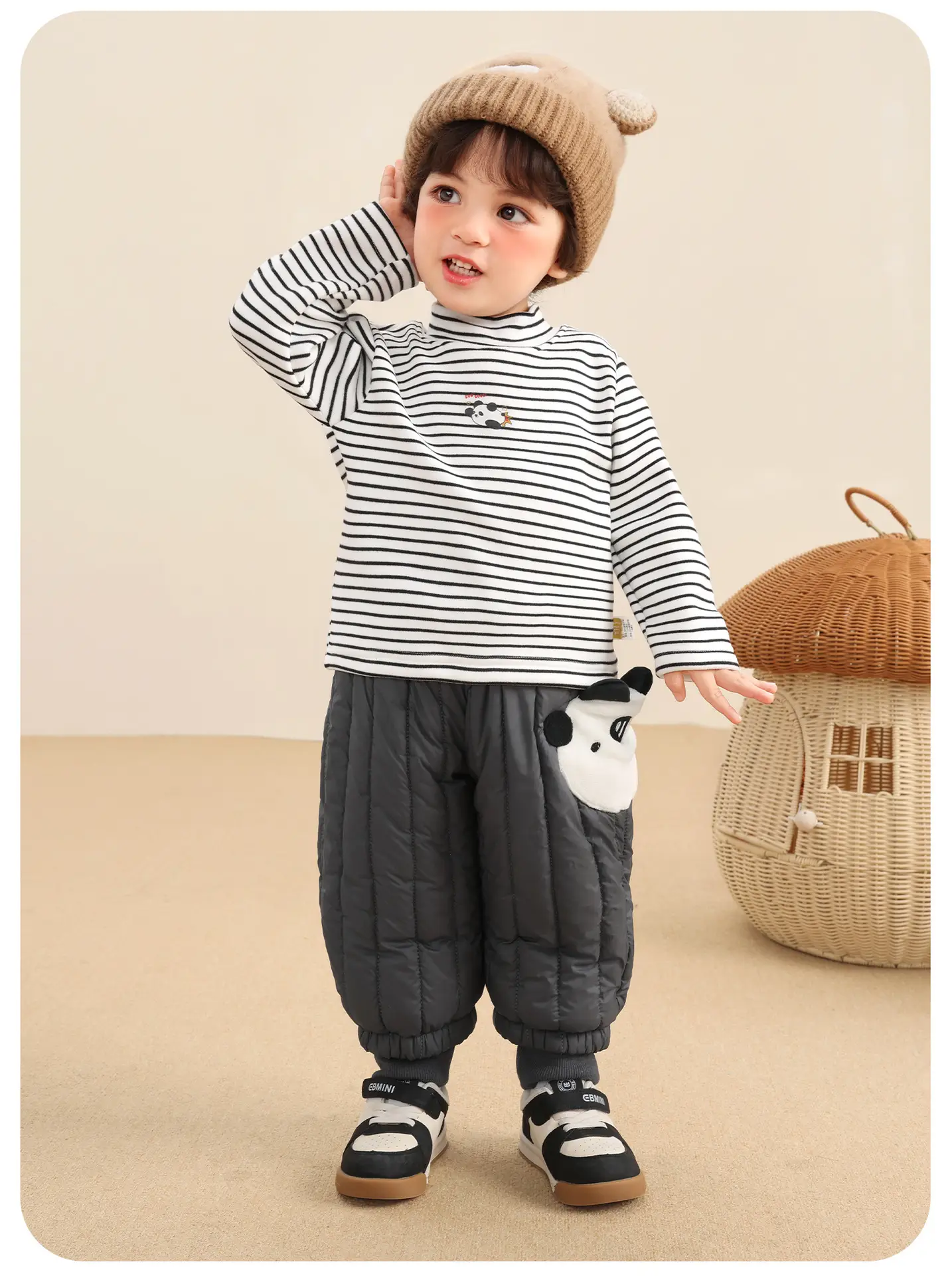 Kaka Panda Boys Fleece Lined Winter Top Striped Beige Brown — feature 15
