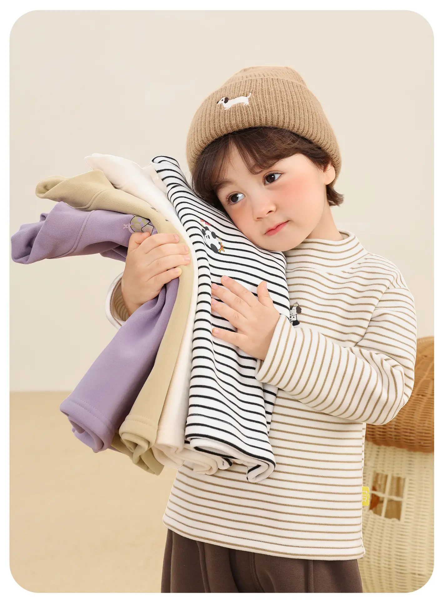 Kaka Panda Boys Fleece Lined Winter Top Striped Beige Brown — feature 8