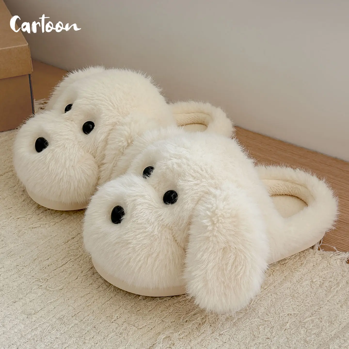 Cute White Plush Puppy Slippers for Women Winter - Image 4