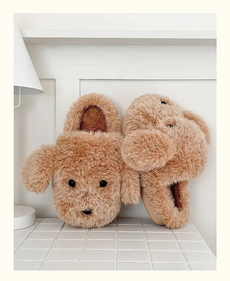 Cute White Plush Puppy Slippers for Women Winter — feature 15