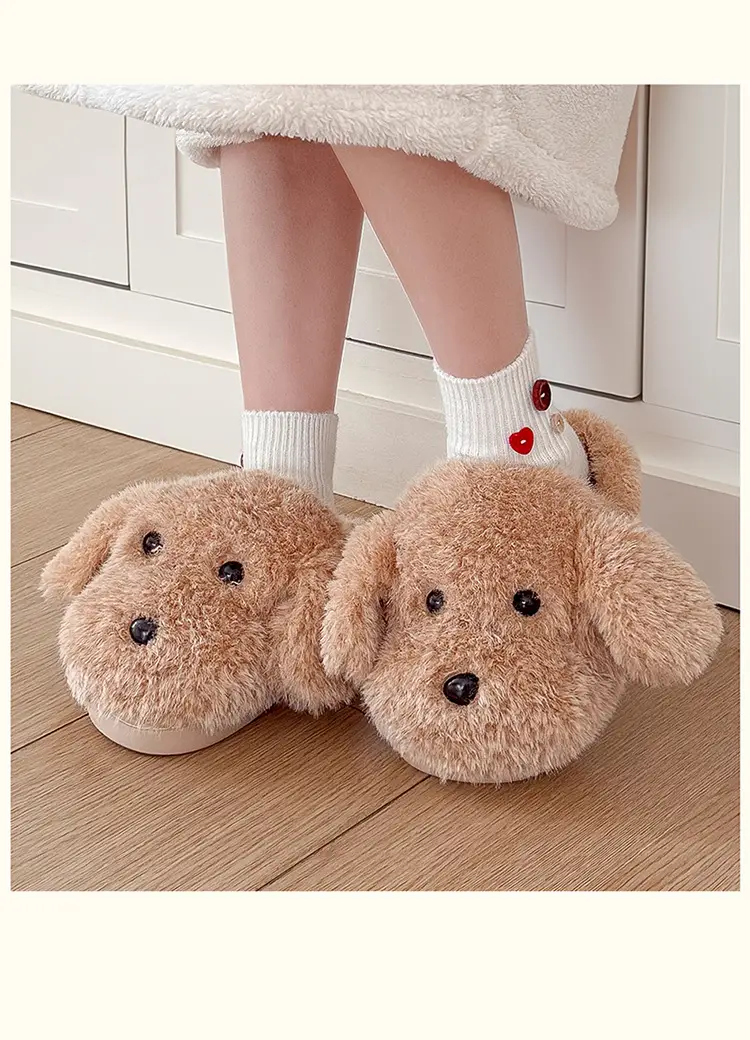 Cute White Plush Puppy Slippers for Women Winter — feature 3