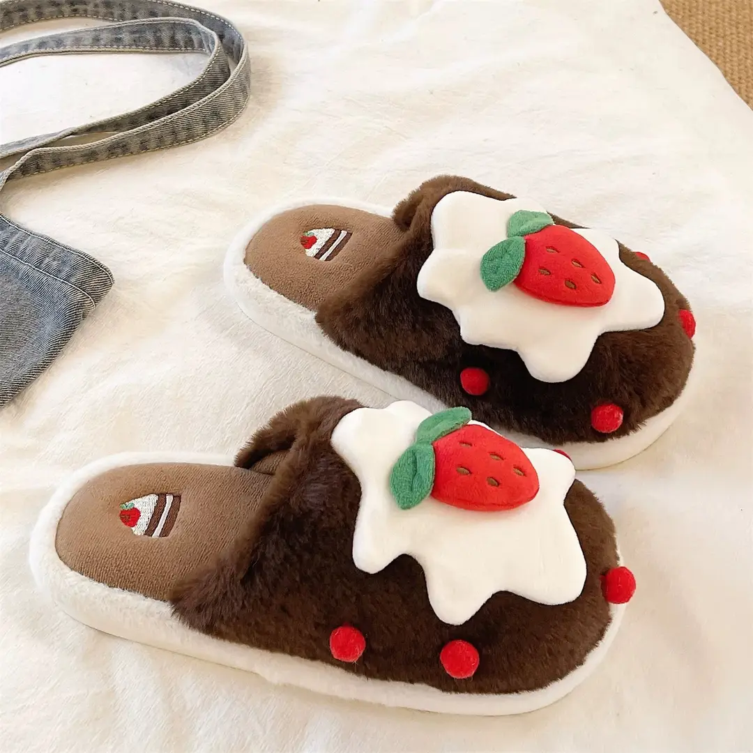 Cute Strawberry Cake Cotton Slippers for Women Winter Indoor Home Baotou Soft Sole Non-Slip Plush Warm Confinement Slippers - Image 3