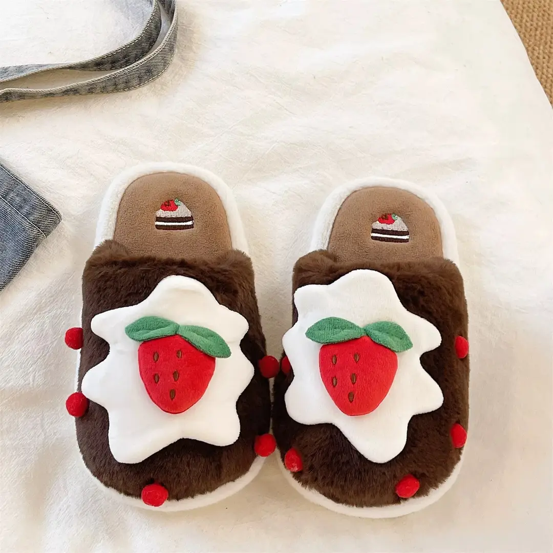 Cute Strawberry Cake Cotton Slippers for Women Winter Indoor Home Baotou Soft Sole Non-Slip Plush Warm Confinement Slippers - Image 4