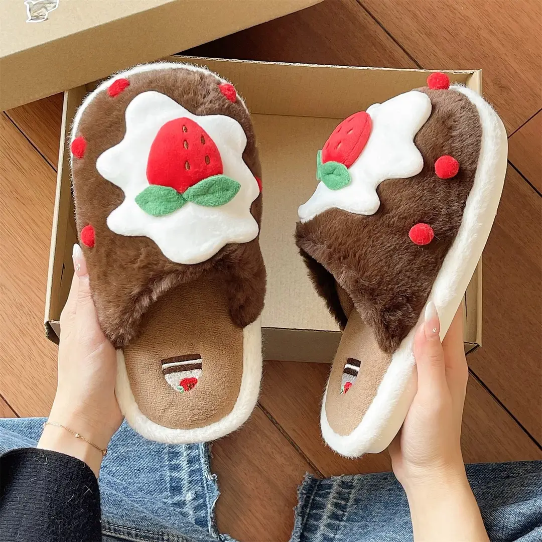 Cute Strawberry Cake Cotton Slippers for Women Winter Indoor Home Baotou Soft Sole Non-Slip Plush Warm Confinement Slippers - Image 5